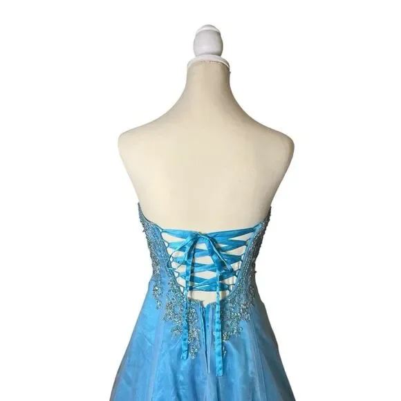 Davids Bridal Beaded Strapless Blue Dress Prom Flower Girl Gown Corset Tulle 0 - Picture 8 of 12